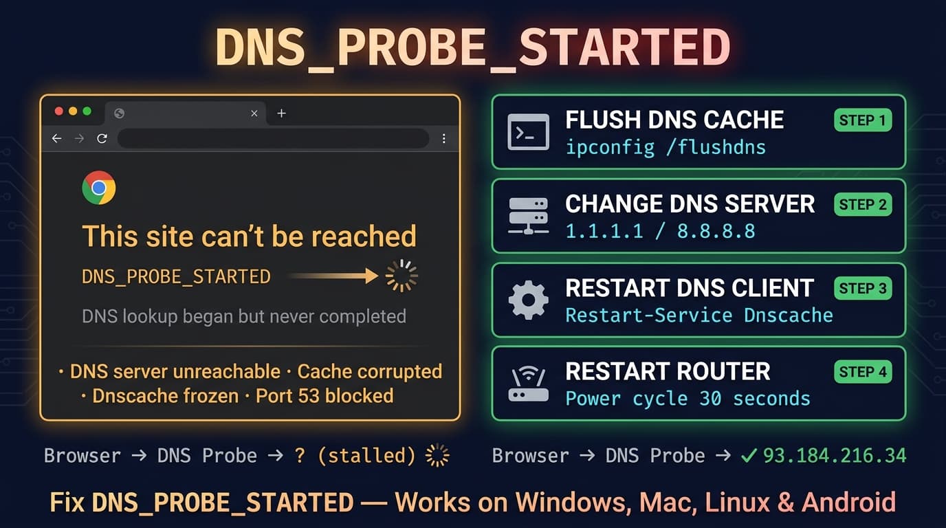 DNS_PROBE_STARTED error fix guide showing Chrome DNS probe failure and step-by-step solutions for all operating systems