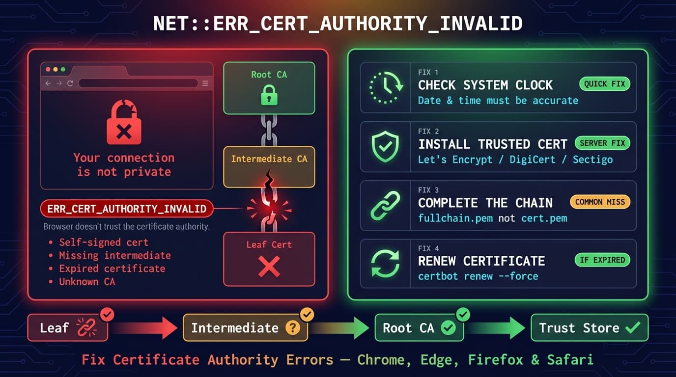 NET::ERR_CERT_AUTHORITY_INVALID fix guide showing certificate trust chain failure and step-by-step solutions for Chrome, Edge, and Firefox