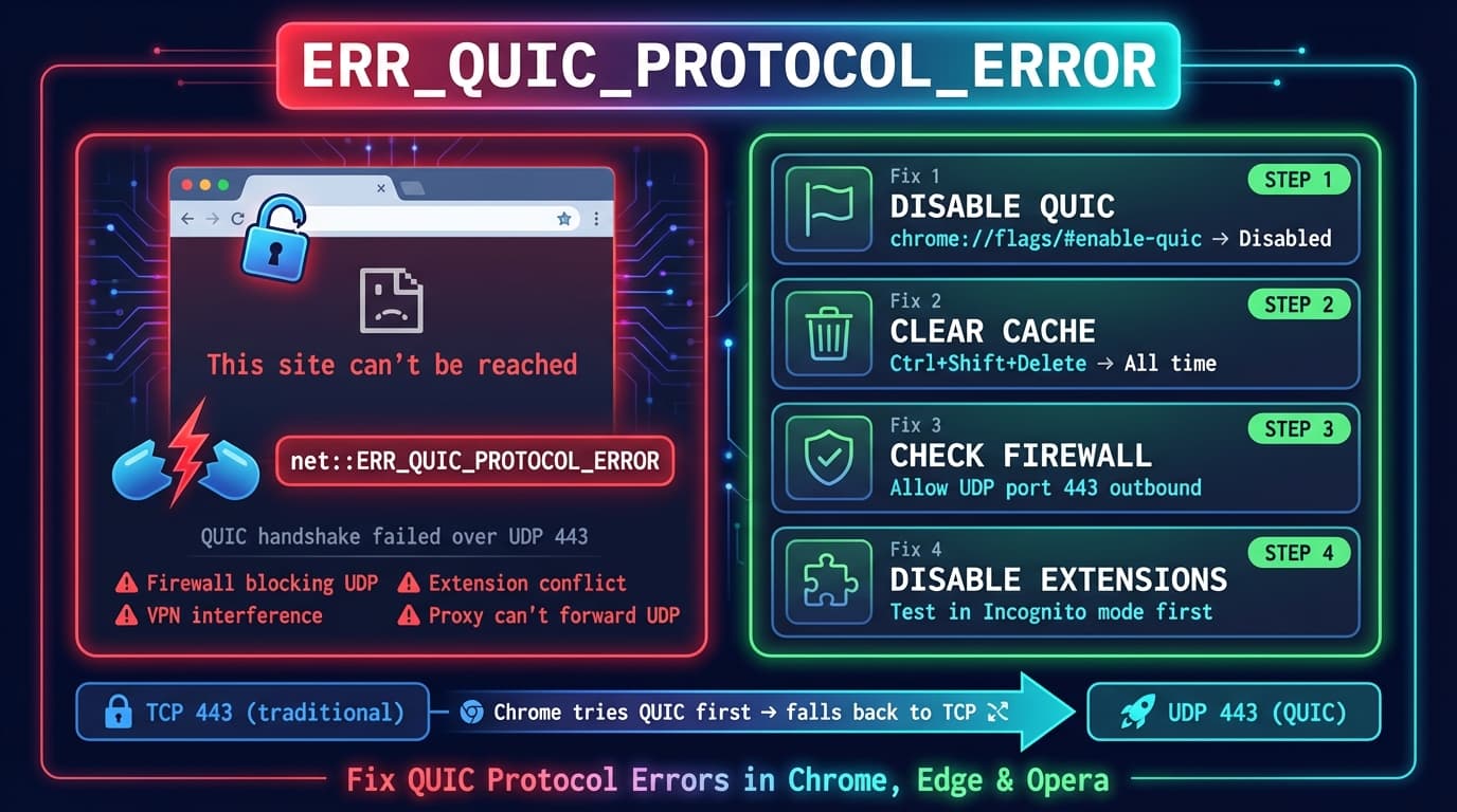 ERR_QUIC_PROTOCOL_ERROR fix guide showing QUIC protocol error in Chrome and step-by-step solutions