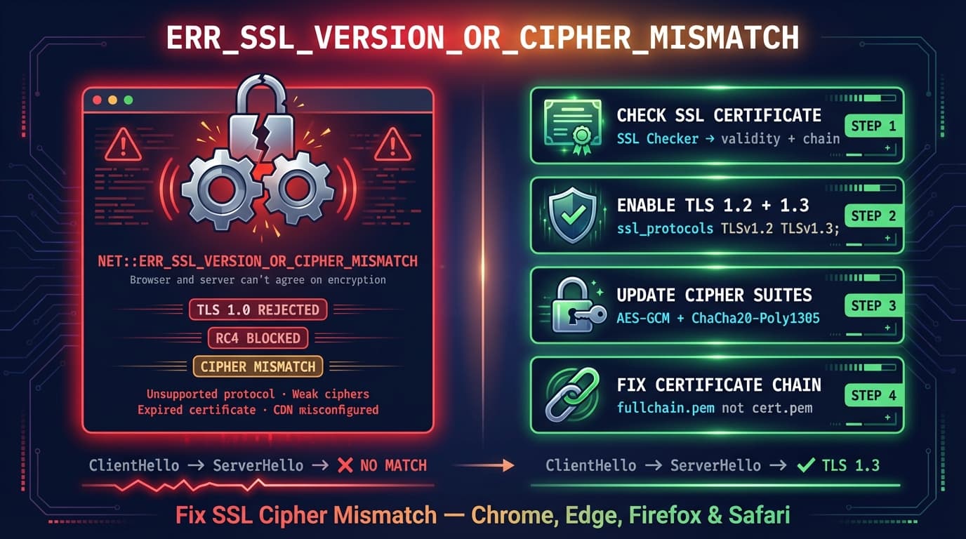 ERR_SSL_VERSION_OR_CIPHER_MISMATCH fix guide showing SSL handshake failure between browser and server with step-by-step solutions