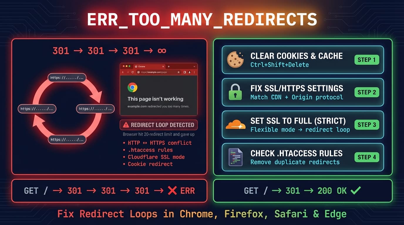 ERR_TOO_MANY_REDIRECTS error fix guide showing redirect loop causes and step-by-step solutions