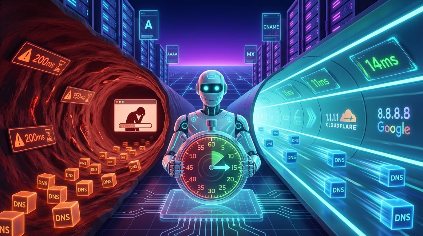 Poradnik naprawy wolnego wyszukiwania DNS ze stoperem i pakietami DNS przechodzacymi przez szybkie i wolne sciezki sieciowe