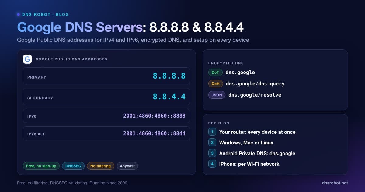 Google DNS servers 8.8.8.8 and 8.8.4.4 with IPv6 addresses and dns.google DoH/DoT endpoints