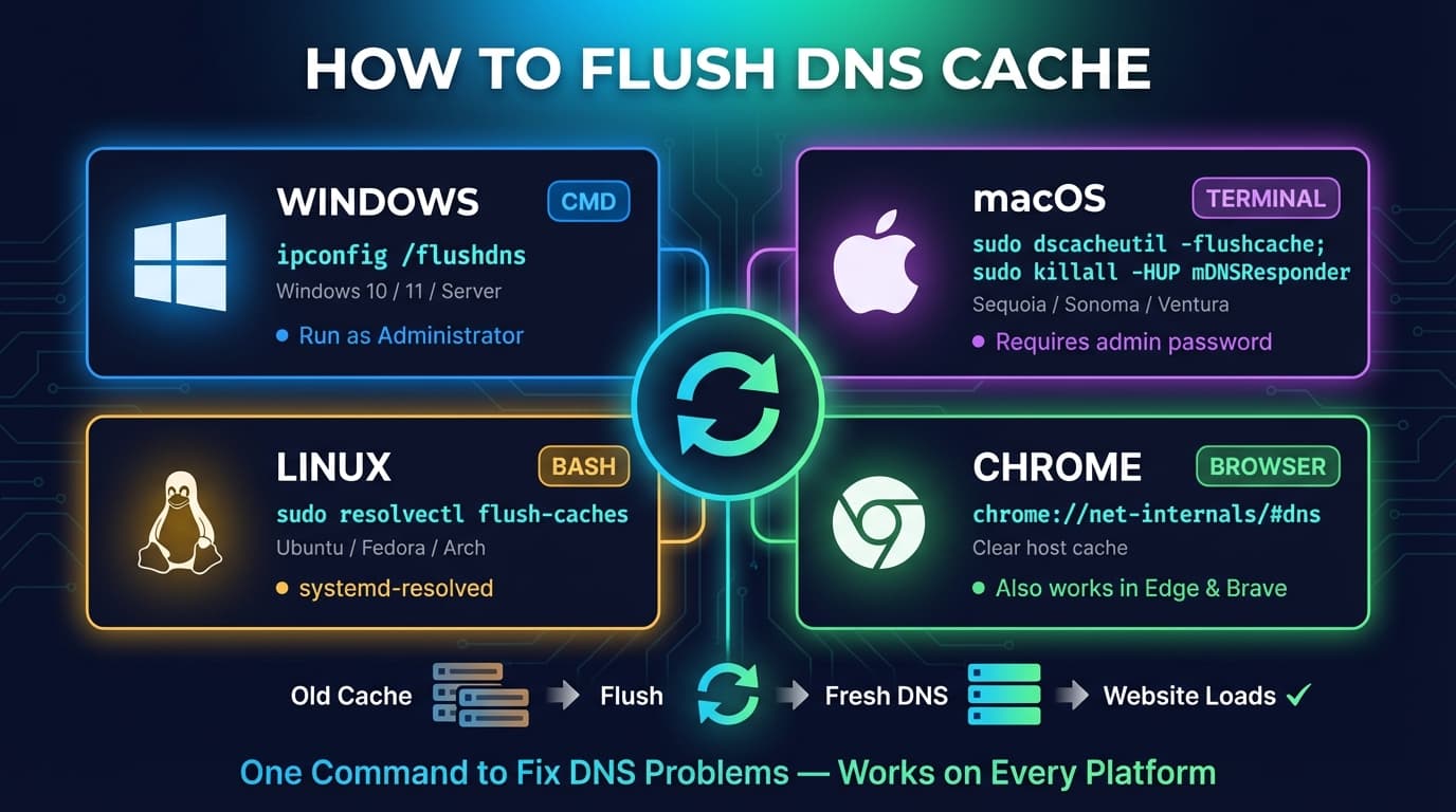 How to flush DNS cache guide showing flush commands for Windows, Mac, Linux, and Chrome browsers