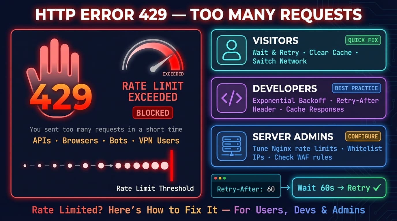 HTTP error 429 too many requests fix guide showing rate limiting diagram and step-by-step troubleshooting solutions