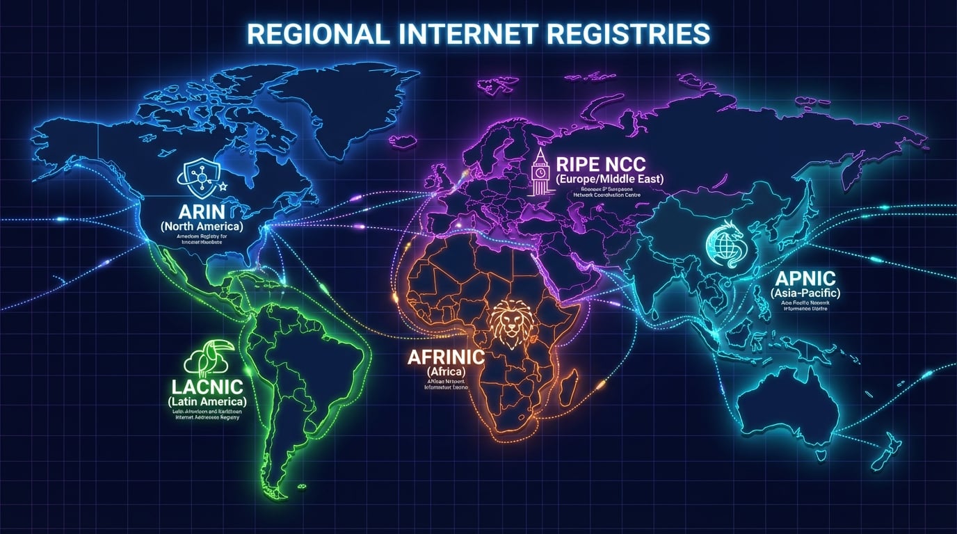 Mapa pięciu Regionalnych Rejestrów Internetowych — ARIN, RIPE, APNIC, LACNIC i AFRINIC