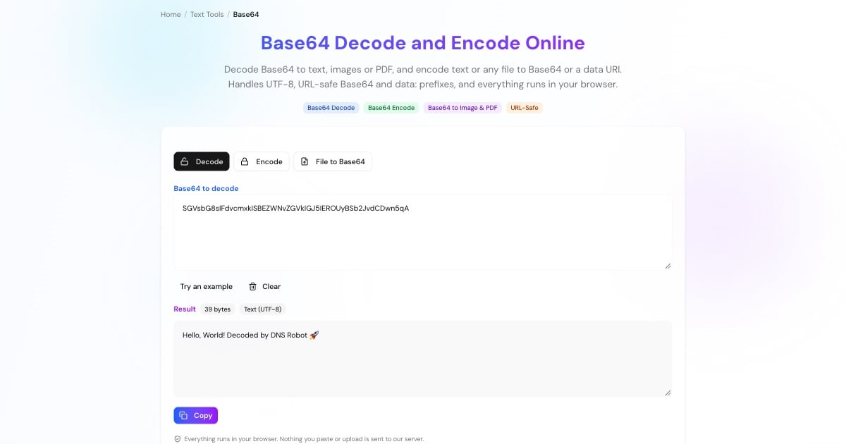 Base64 decoder turning a Base64 string into readable text, with Decode, Encode and File to Base64 tabs