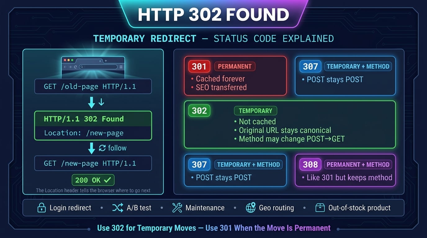 HTTP 302 status code infographic showing temporary redirect flow with Location header and 301 vs 302 vs 307 comparison