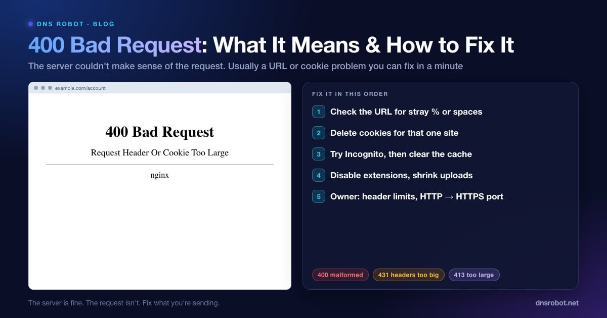 400 Bad Request: Request Header Or Cookie Too Large nginx page with the fixes to try in order