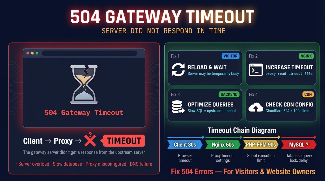 Anleitung zur Behebung des 504 Gateway Timeout Fehlers — Timeout-Kette zwischen Proxy und Upstream-Server mit Fehlerbehebungsschritten