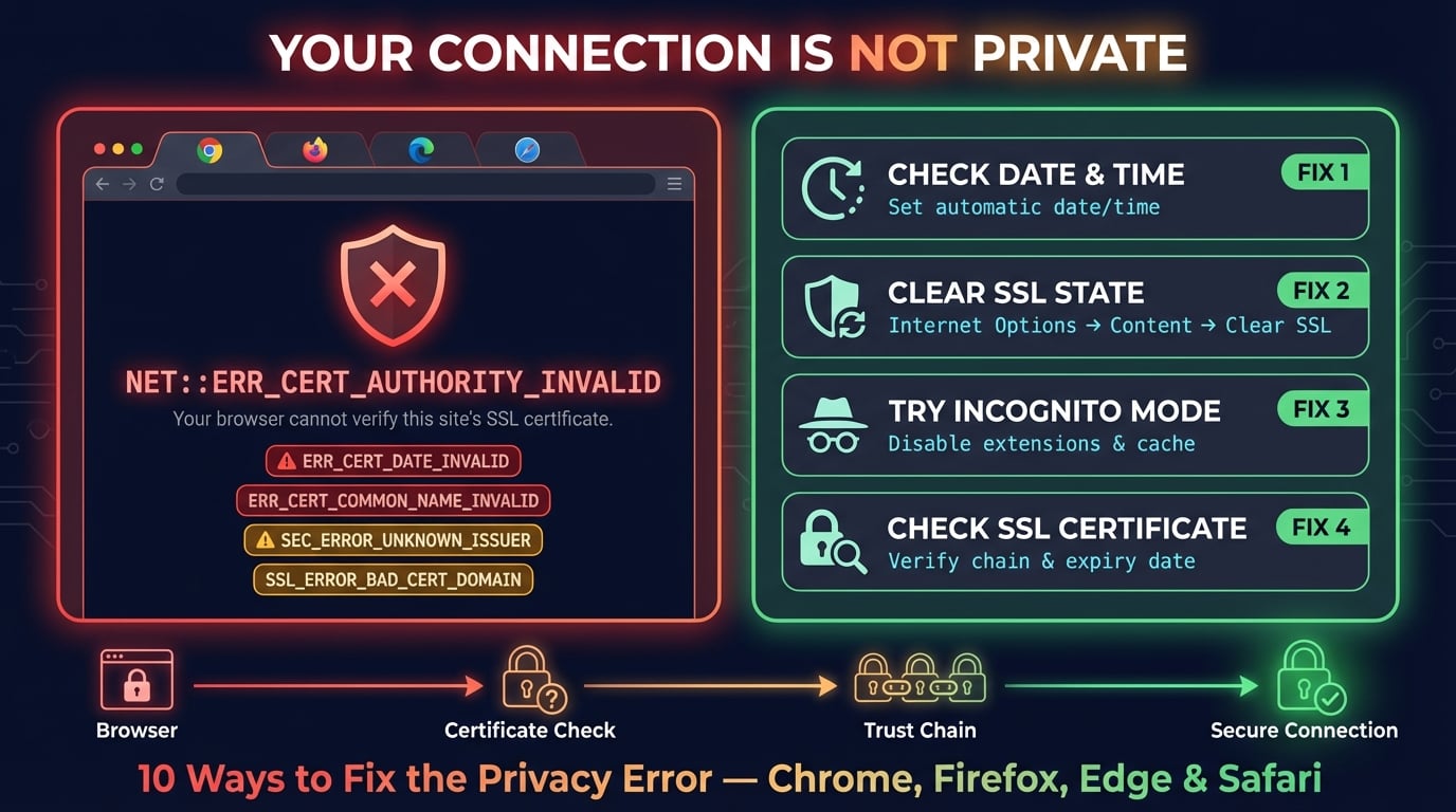 Anleitung zur Behebung des Fehlers "Ihre Verbindung ist nicht privat" mit Browser-Warnmeldung und SSL-Lösungsschritten