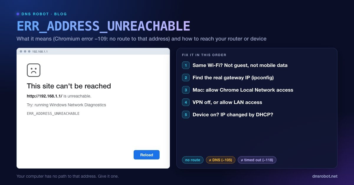 Chrome showing 192.168.1.1 is unreachable with ERR_ADDRESS_UNREACHABLE and the fixes to try