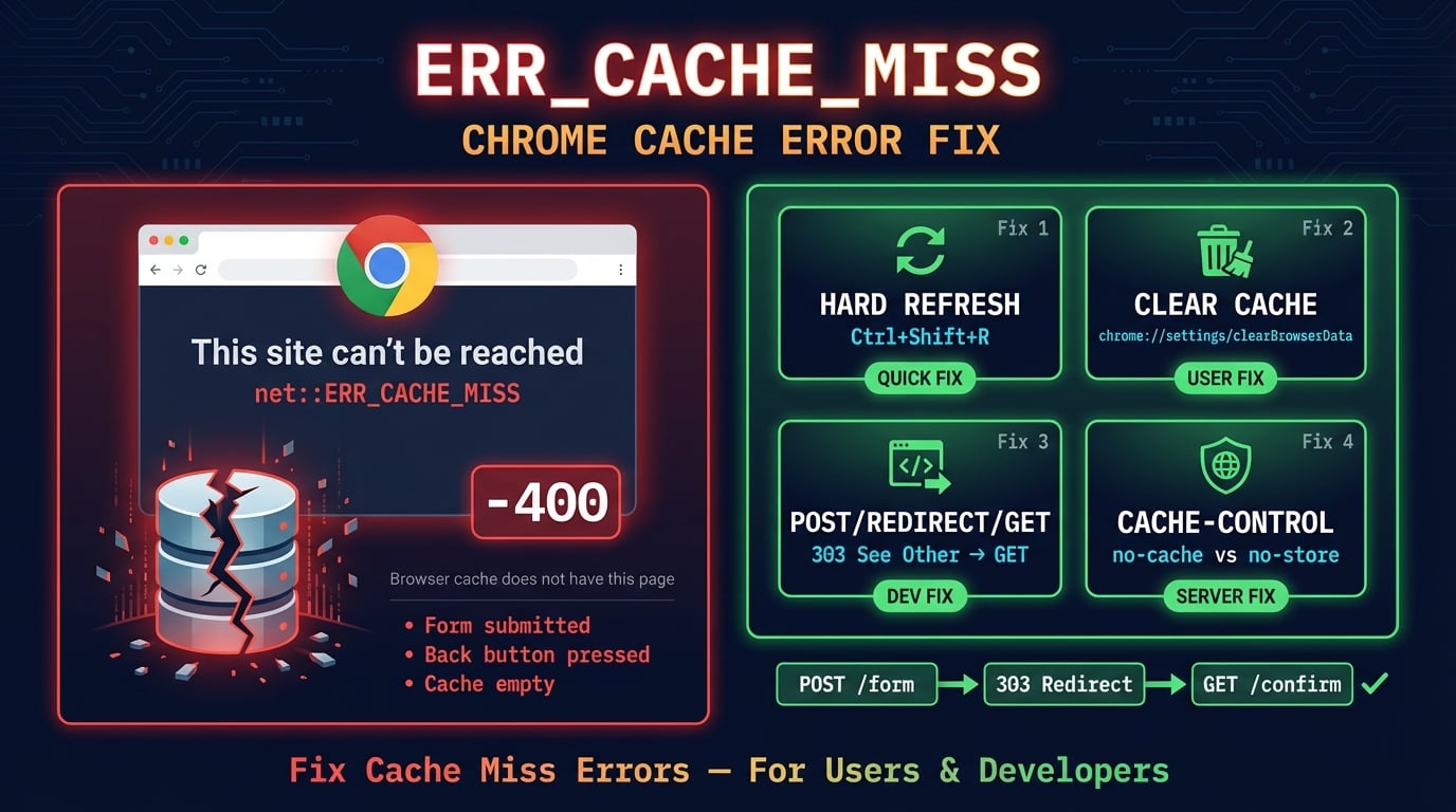 Panduan memperbaiki error ERR_CACHE_MISS di Chrome dengan tampilan error cache dan solusi langkah demi langkah untuk pengguna dan developer