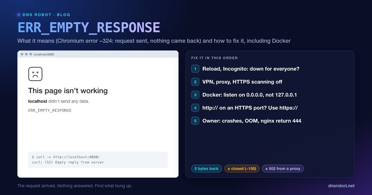 Chrome error This page isn't working, example.com didn't send any data, ERR_EMPTY_RESPONSE, with fixes