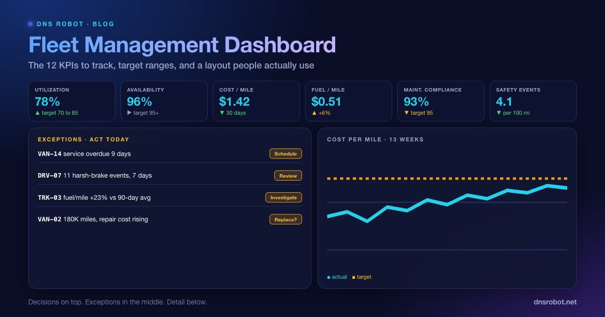 Fleet management dashboard mockup with utilization, cost per mile, maintenance and safety KPI tiles above a status table