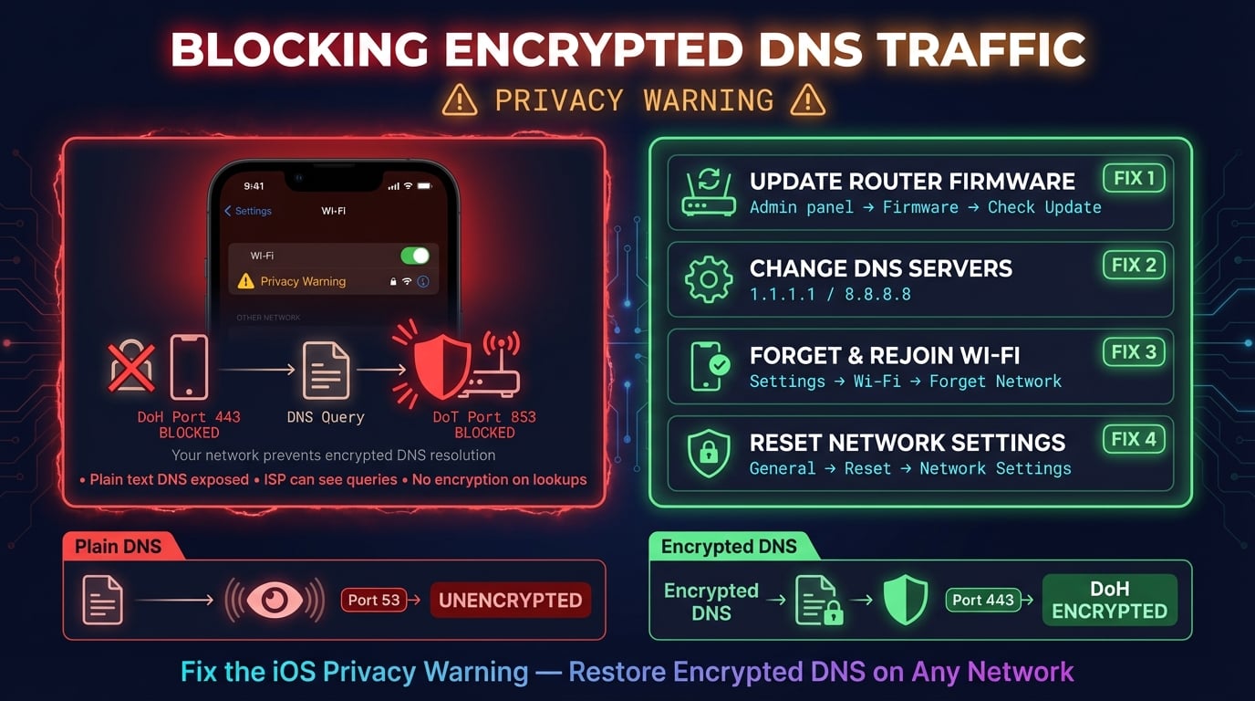 Руководство по исправлению блокировки зашифрованного DNS-трафика с предупреждением iOS и пошаговыми решениями