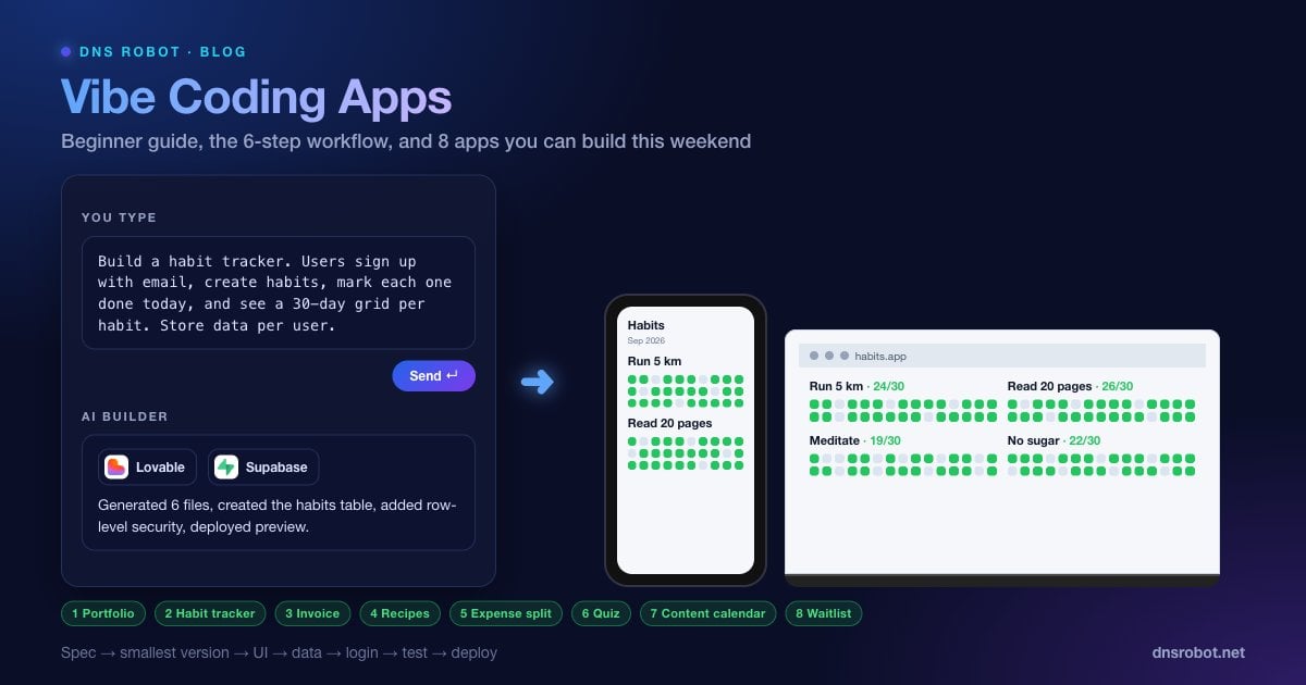 Vibe coding apps guide: a chat prompt on the left turns into a finished habit tracker app on a phone and laptop