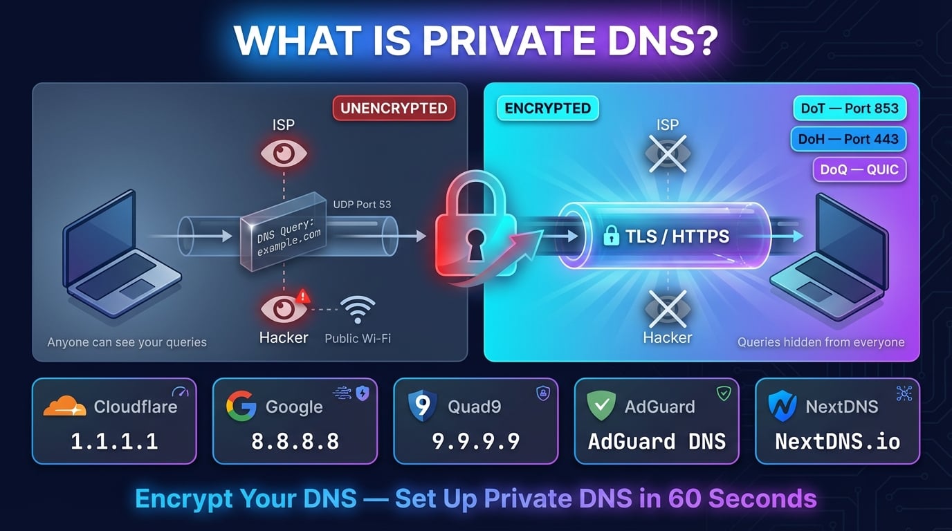 プライベートDNSの仕組みを示すインフォグラフィック — DNS over TLSとHTTPSでISPによる傍受からクエリを保護