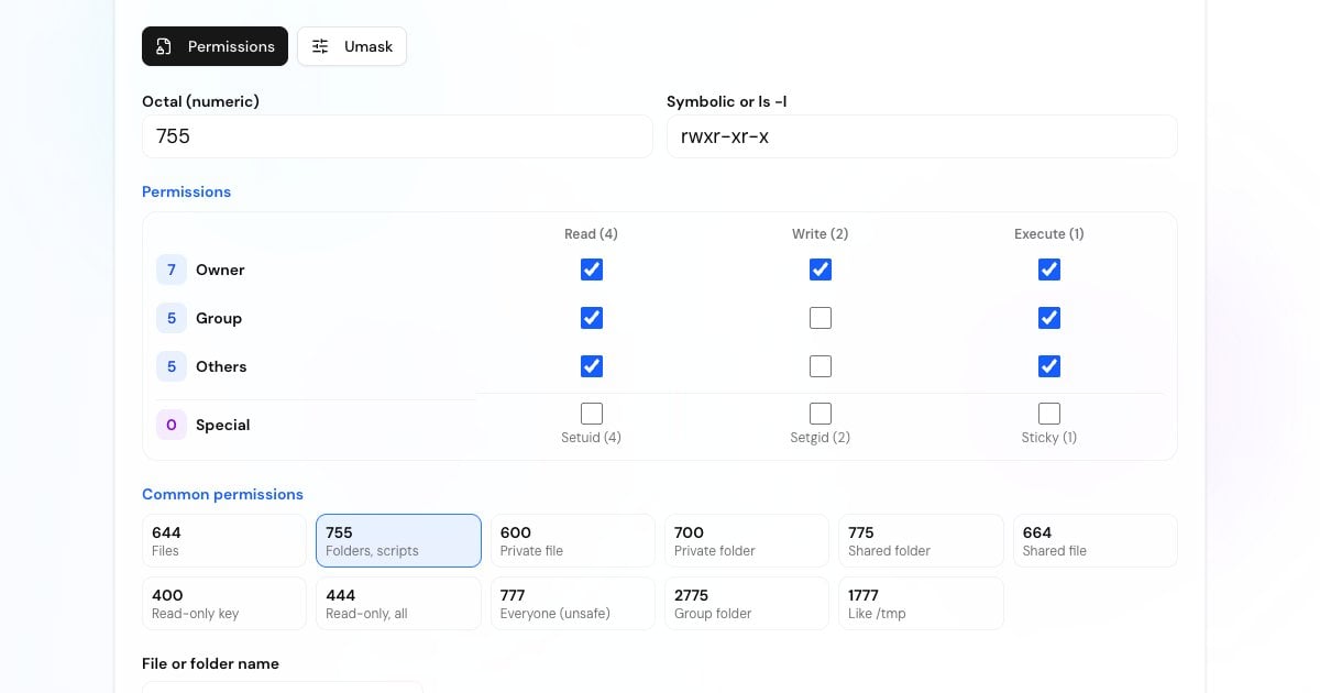 Chmod calculator with read, write and execute checkboxes for owner, group and others, showing 755 and rwxr-xr-x