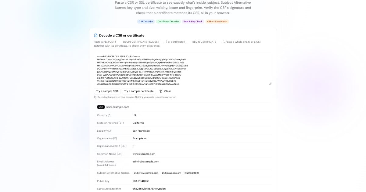 CSR decoder showing the subject fields, Subject Alternative Names, RSA 2048-bit key and a valid signature