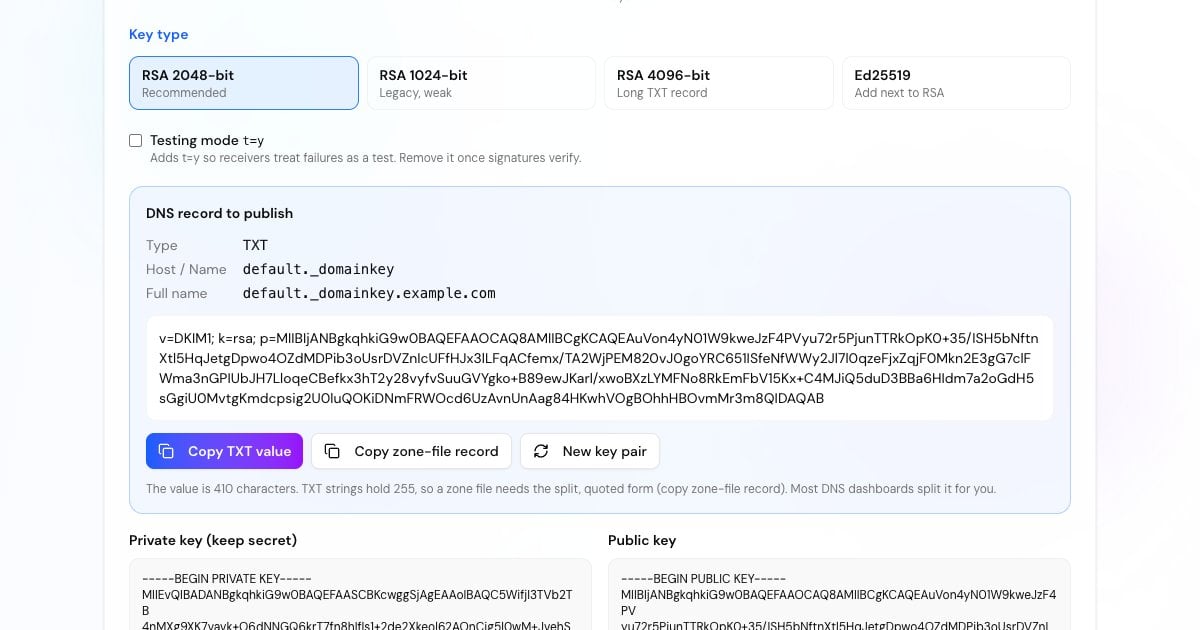 DKIM record generator with a 2048-bit RSA key pair, the default._domainkey host and the TXT value ready to copy