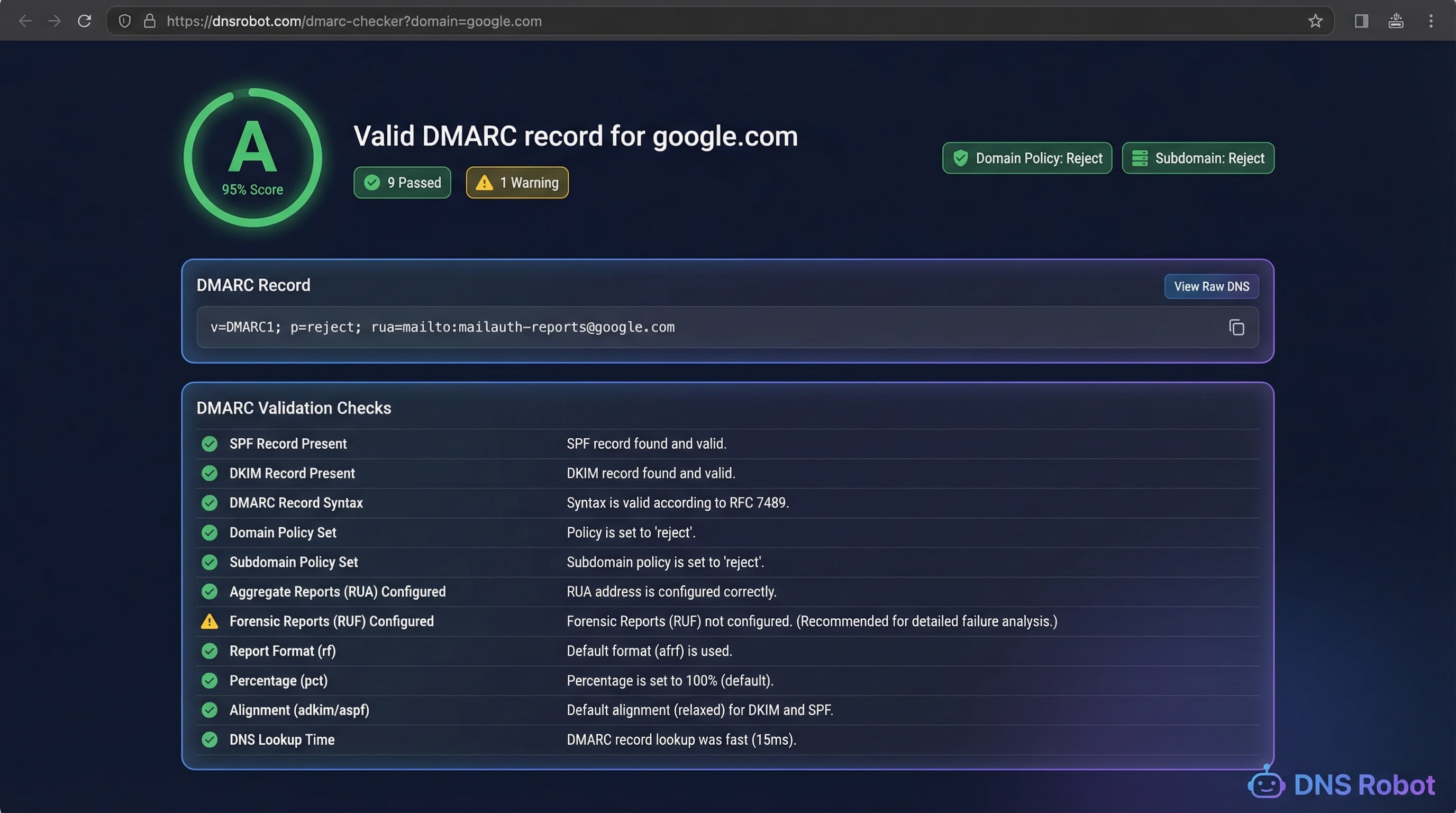 DMARC checker showing validation results with health score, policy analysis, and parsed DMARC tags