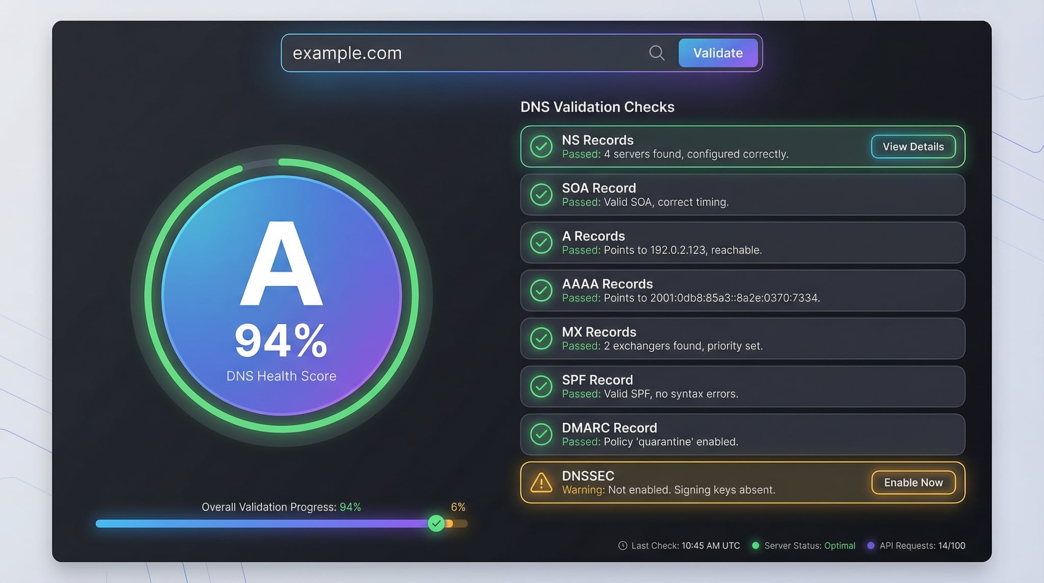 DNS record validator showing domain health scores for NS, SOA, A, MX, SPF, DMARC, and DNSSEC checks