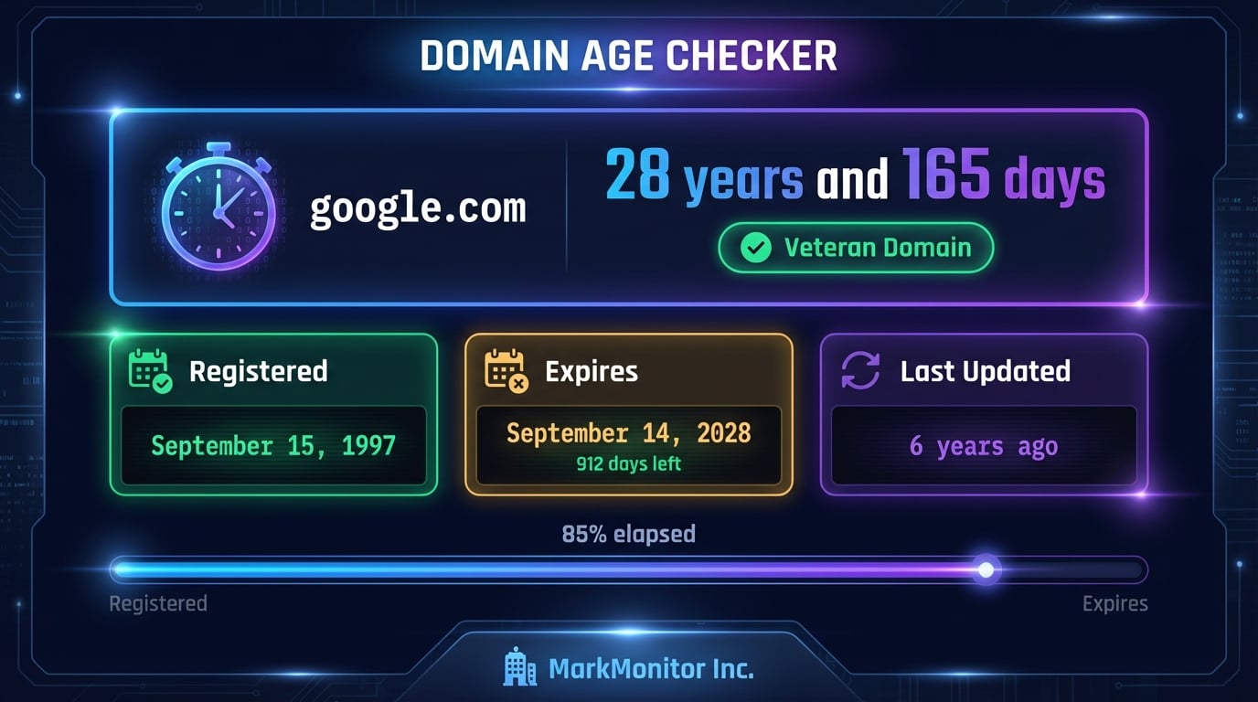 DNS Robotのドメイン年齢チェッカー — 登録日、年齢、ライフサイクル進行、レジストラ詳細を表示