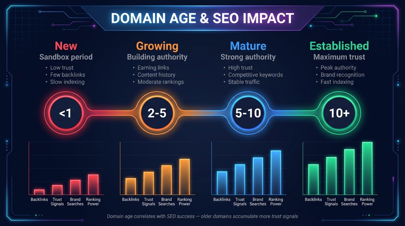Auswirkung des Domain-Alters auf SEO mit Korrelation zwischen Alter und Ranking-Faktoren wie Backlinks und Autorität