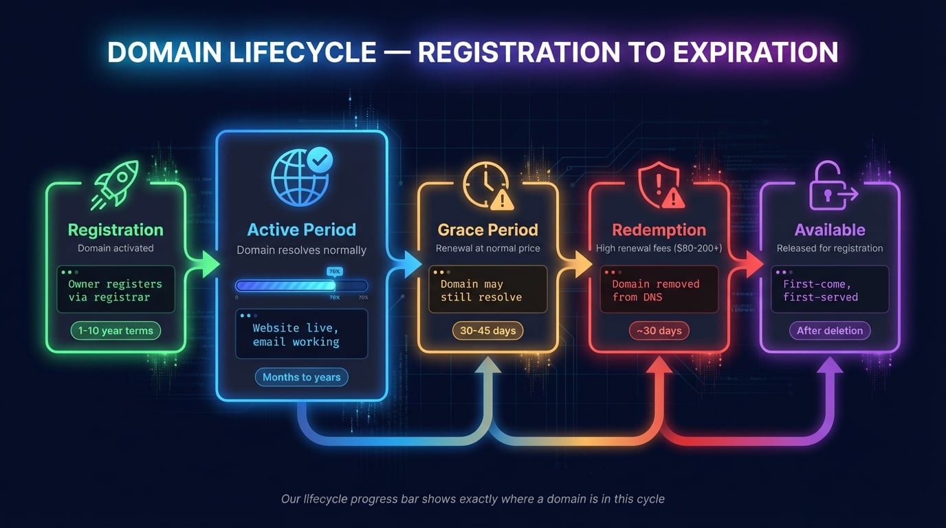 Domain-Lebenszyklus-Phasen von der Registrierung bis zum Ablauf mit Karenzzeit, Rückgewinnungsfrist und Pending-Delete