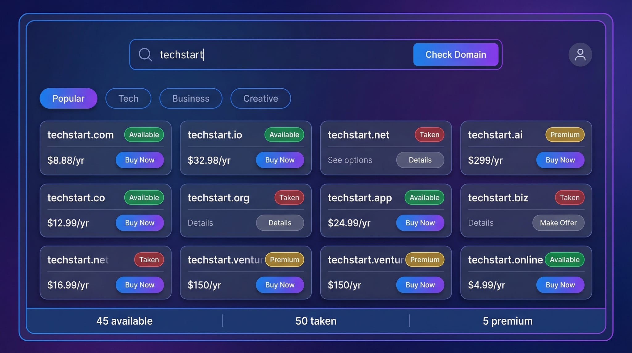 Domain availability checker tool showing search results across 100+ TLDs with pricing, availability status, and category filtering