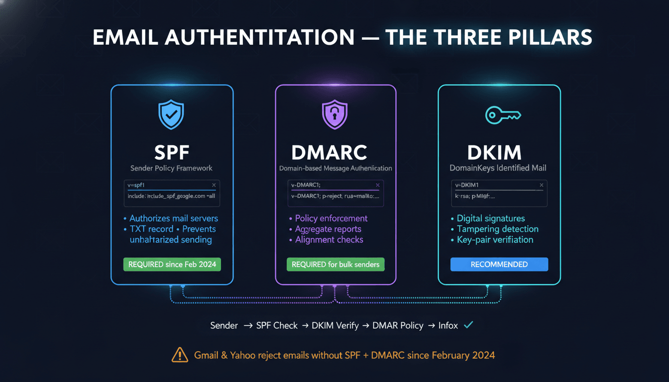 Trzy filary uwierzytelniania e-mail — SPF, DMARC i DKIM z przykładami rekordów DNS