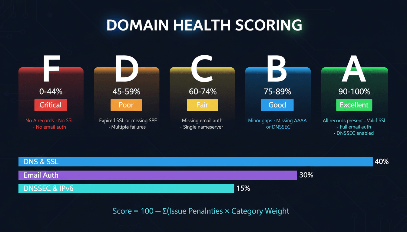 System oceniania zdrowia domeny pokazujący pięć ocen literowych od A (90-100%, Doskonały) do F (0-44%, Krytyczny) z podziałem wagowym na kategorie