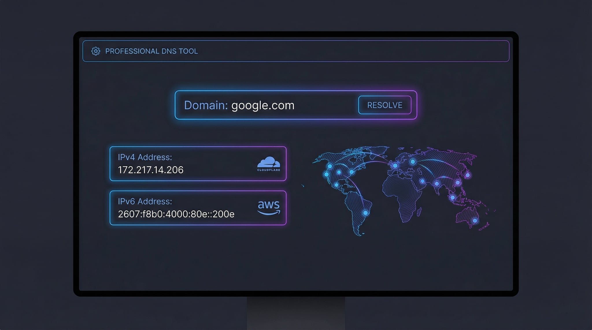 Domain-zu-IP-Abfrage zeigt IPv4/IPv6-Adressen mit Geolokation und CDN-Erkennung — DNS Robot