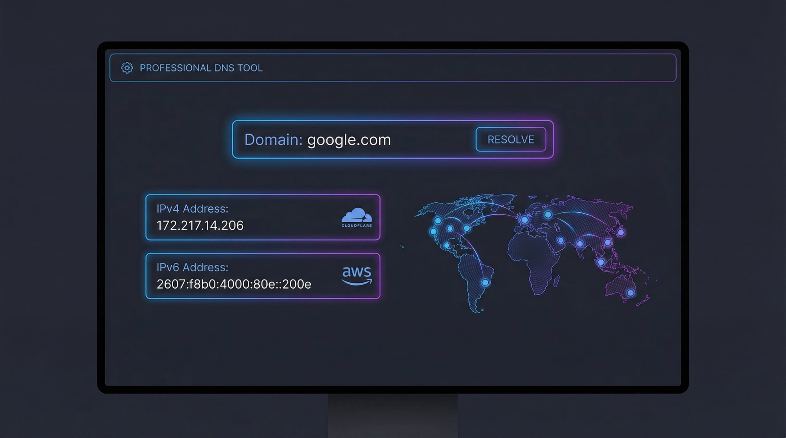 Domain to IP lookup results showing IPv4 and IPv6 addresses with geolocation map and CDN detection