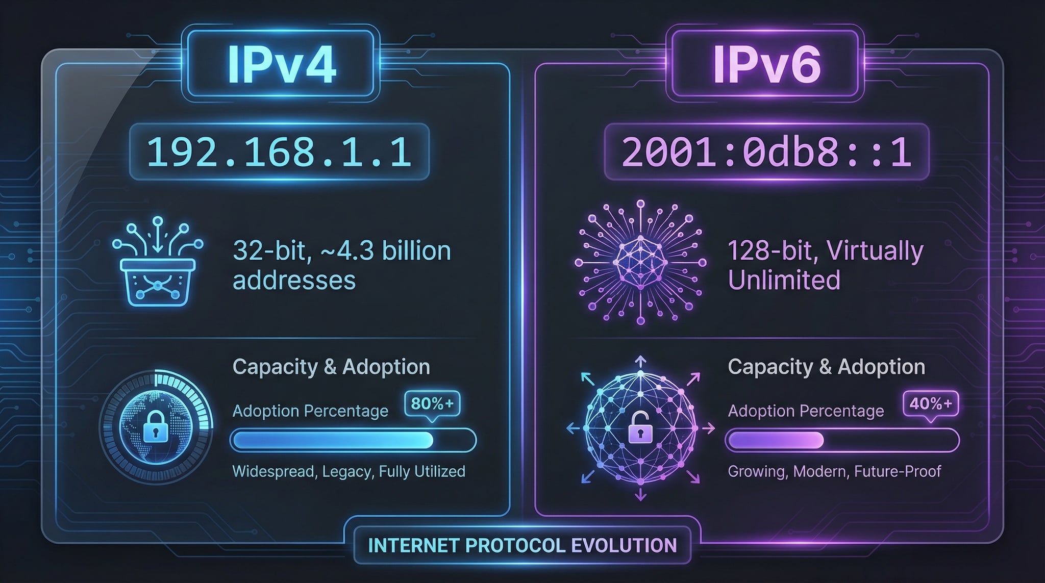 Vergleich von IPv4- und IPv6-Adressformat mit Bit-Länge und Beispielen