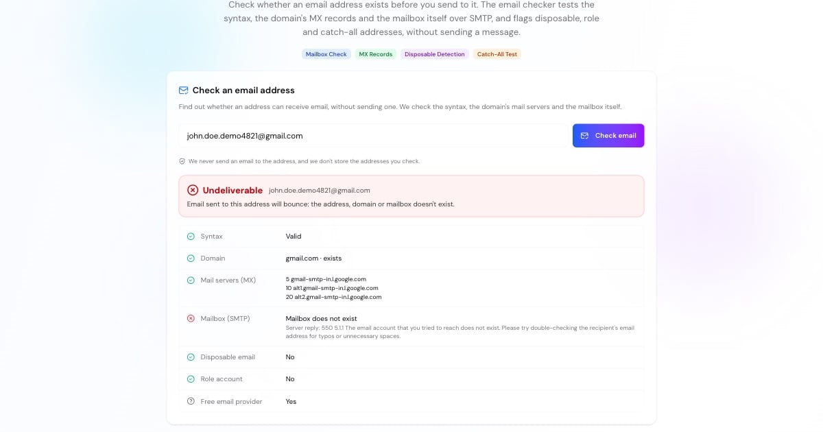 Résultat du vérificateur d'email avec verdict, syntaxe, domaine, enregistrements MX et vérification SMTP de la boîte mail
