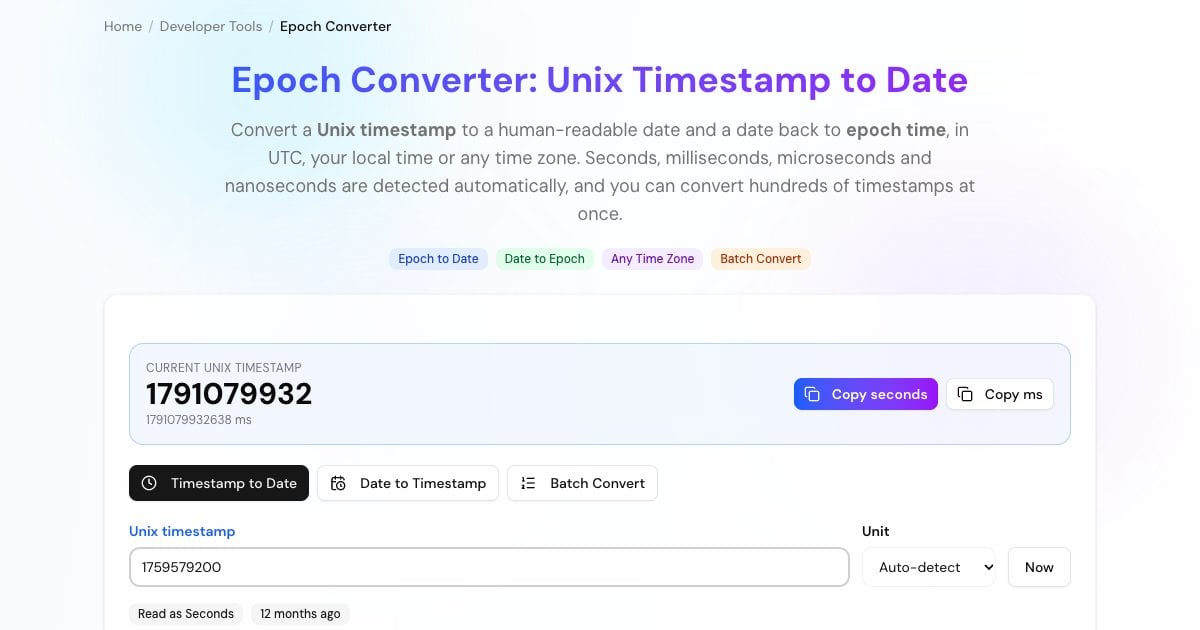 Epoch converter with a live Unix timestamp and a converted date shown in UTC, local time, ISO 8601 and RFC 2822
