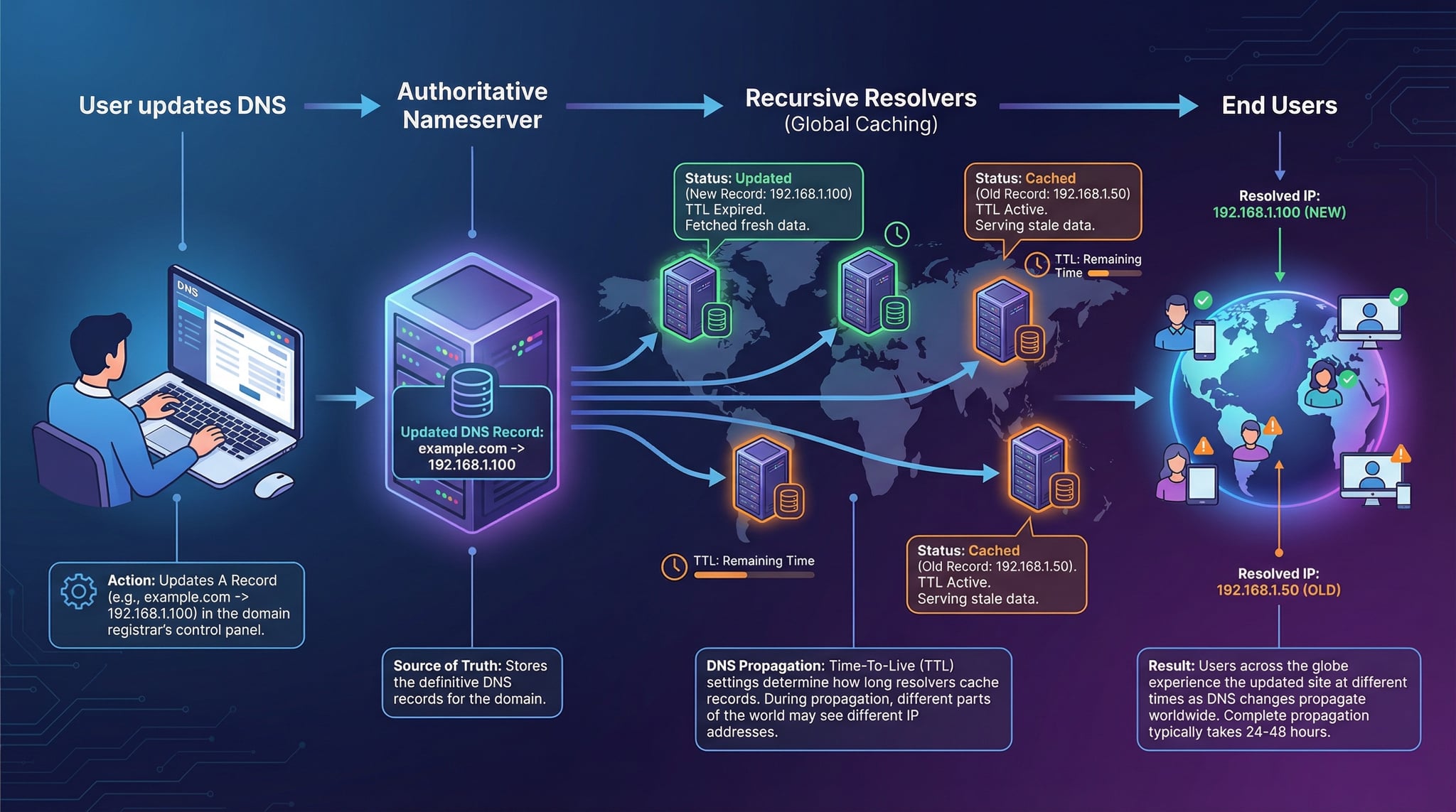 DNS record changes spreading from authoritative nameservers through recursive resolvers to users worldwide
