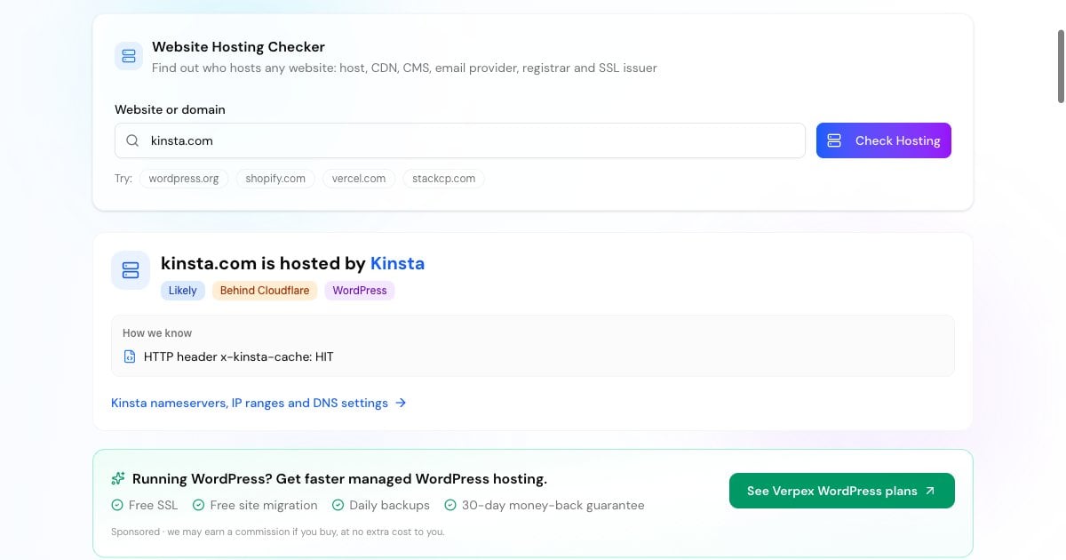 DNS Robot hosting checker result showing a website's web host, confidence rating, evidence, CDN, CMS, email provider and registrar