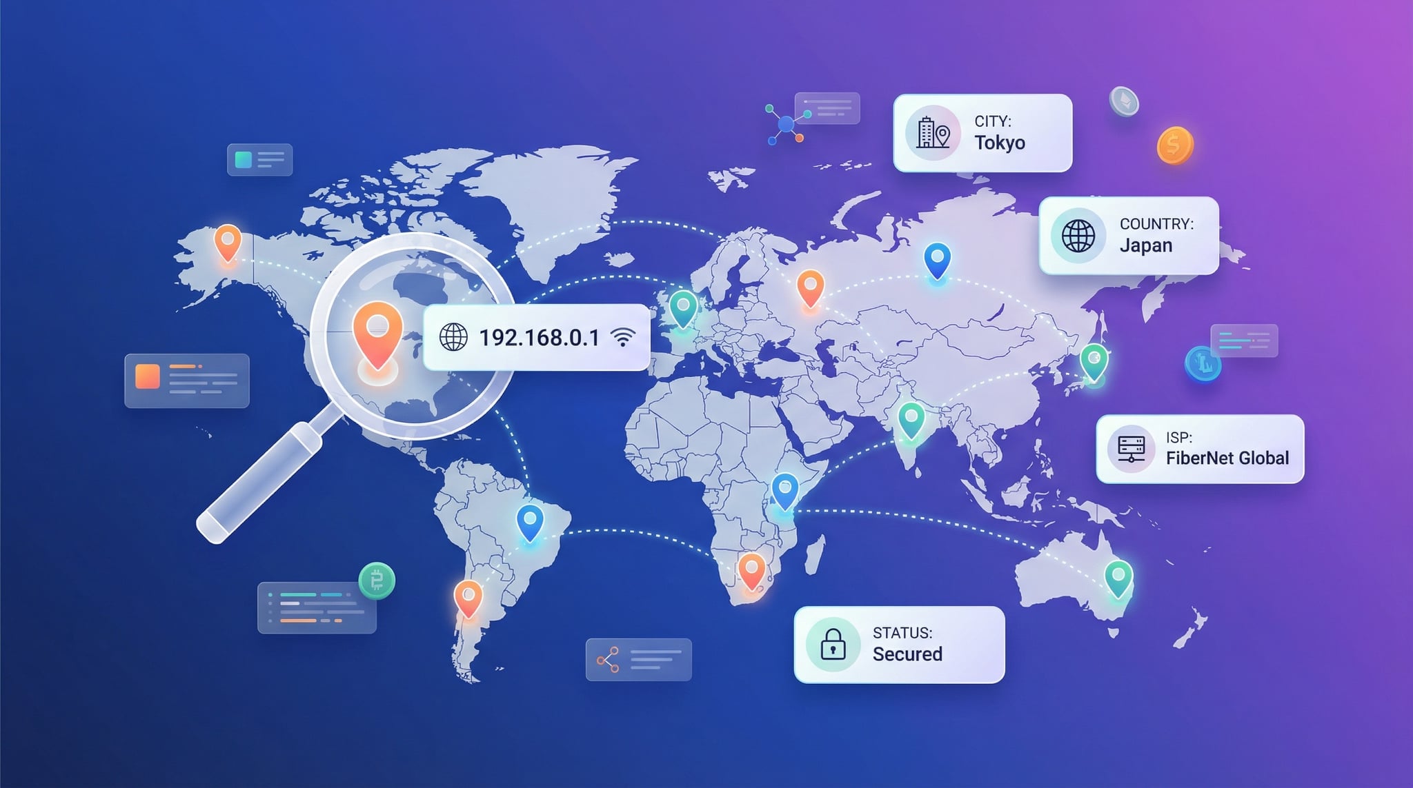 IP lookup results showing geolocation with city, country, ISP, AS number, coordinates, and timezone