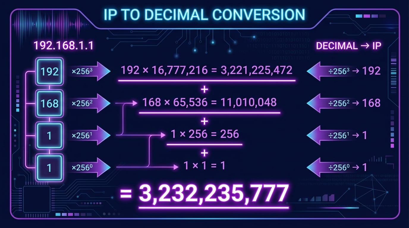 Rumus konversi IP ke desimal: setiap oktet dikalikan 256³, 256², 256¹, 256⁰ lalu dijumlahkan