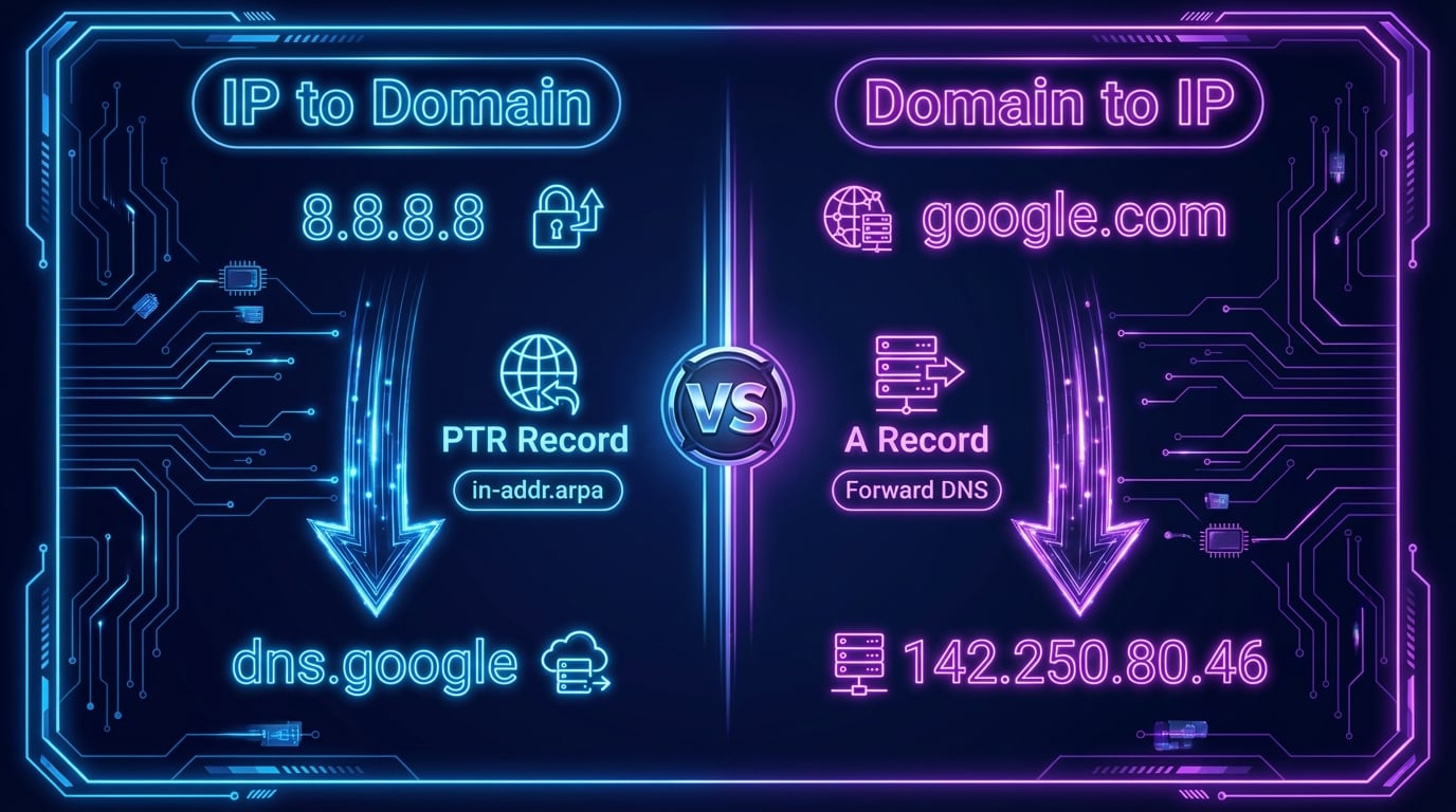 IP to Domain vs Domain to IP comparison - IP to domain uses PTR records and in-addr.arpa while domain to IP uses A records and forward DNS