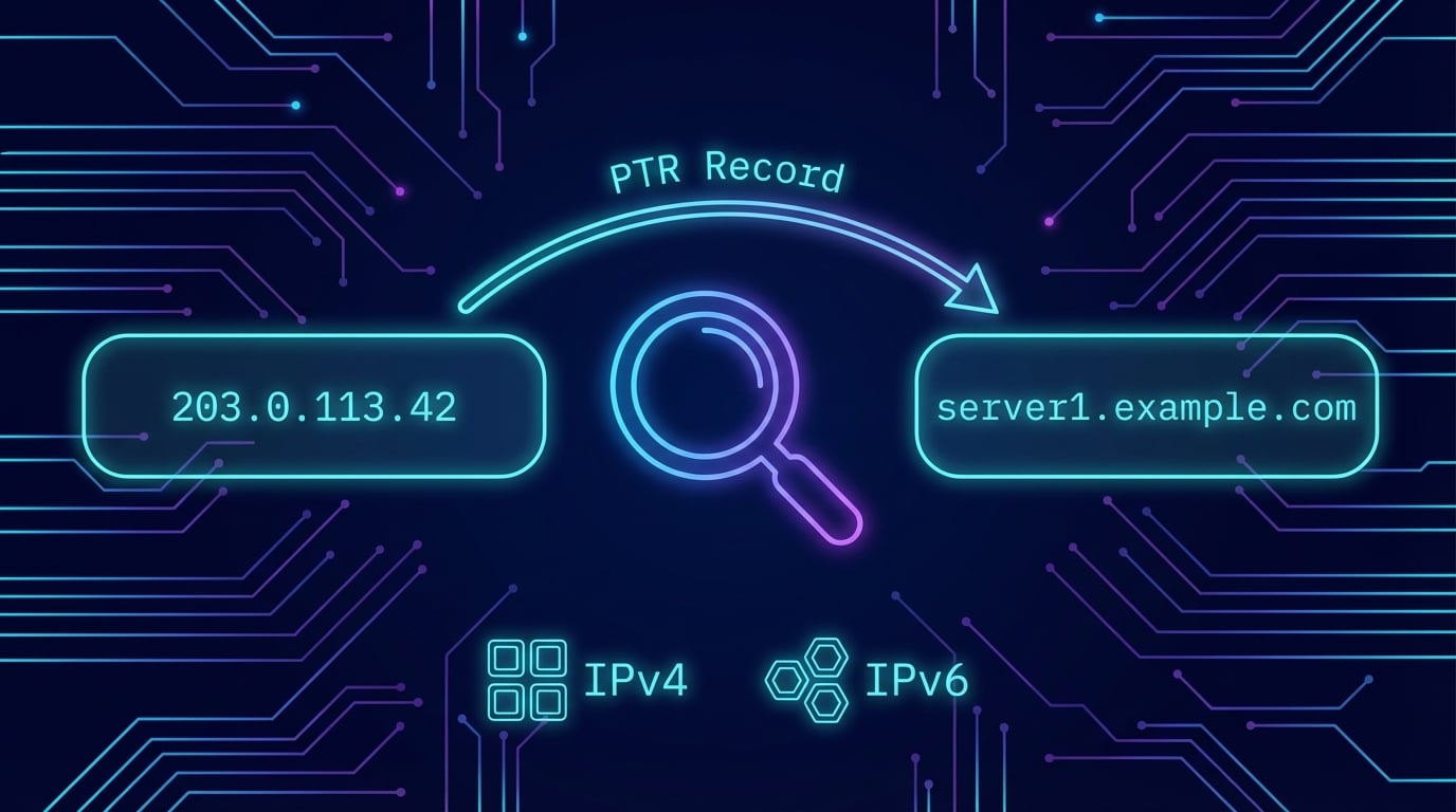IP to Hostname Lookup Tool - Convert IP addresses to domain names online with DNS Robot showing hostname resolution, PTR record details, and response time