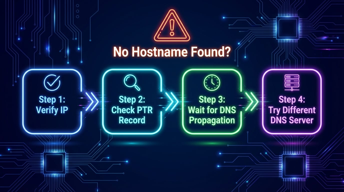 IP to hostname troubleshooting flowchart - 4 steps to fix no hostname found: verify IP, check PTR record, wait for DNS propagation, try different DNS server
