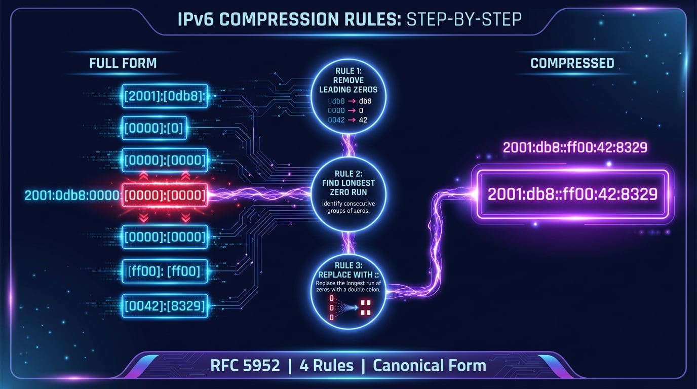 Diagrama das regras de compressão IPv6 RFC 5952 — Remover zeros, substituir com ::, apenas uma vez