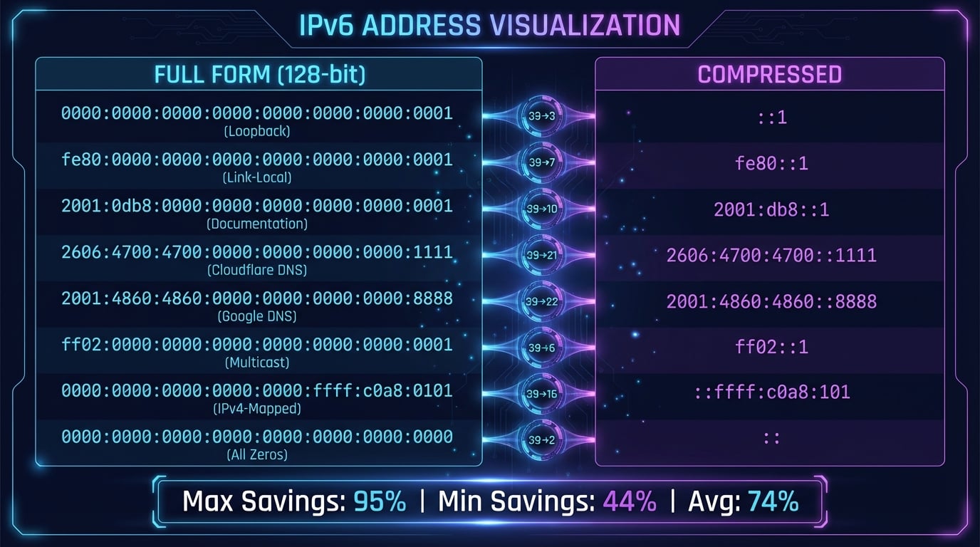 Comparação de endereços IPv6 na forma completa vs comprimida com exemplos de loopback, DNS e link-local