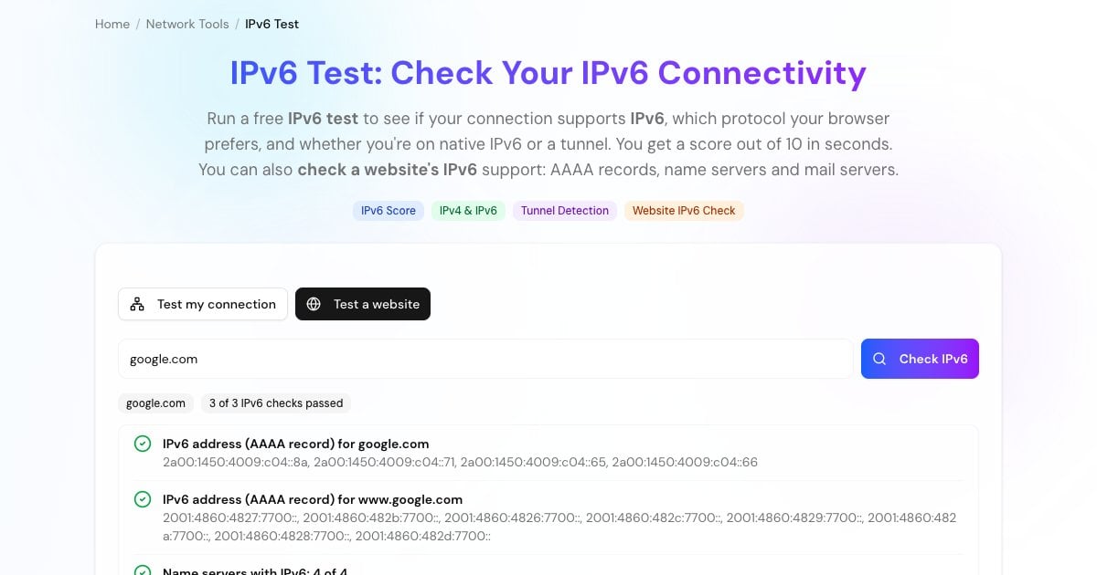 Hasil tes IPv6 dengan skor dari 10, cek konektivitas IPv4 dan IPv6, serta protokol yang dipilih browser
