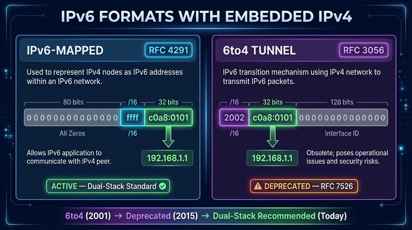 Comparação dos formatos IPv6-mapped e 6to4 tunnel mostrando estrutura de bytes, referências RFC e método de extração de IPv4 embutido