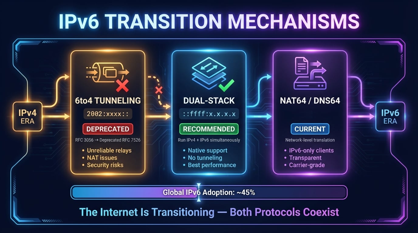 Visão geral dos mecanismos de transição IPv6 mostrando 6to4 descontinuado, dual-stack recomendado e NAT64 como abordagem atual com progresso de adoção global
